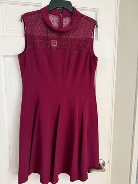 Anne Klein Sleeveless Wine Lace-Yoke A-Line Midi Dress